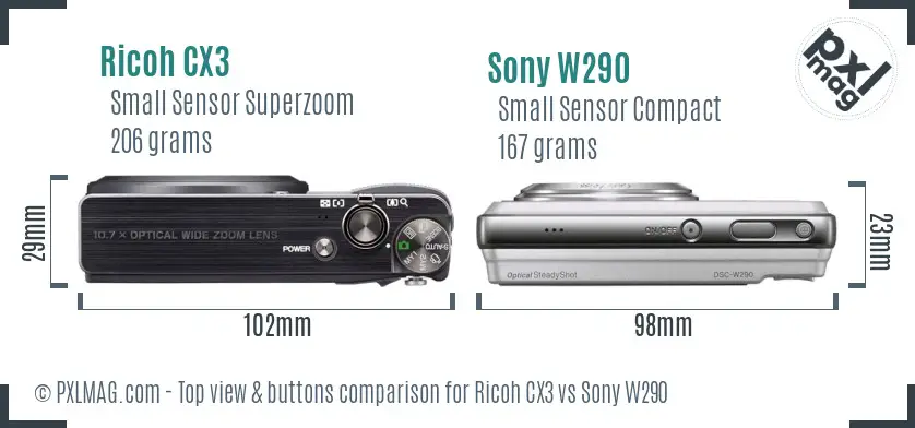 Ricoh CX3 vs Sony W290 top view buttons comparison