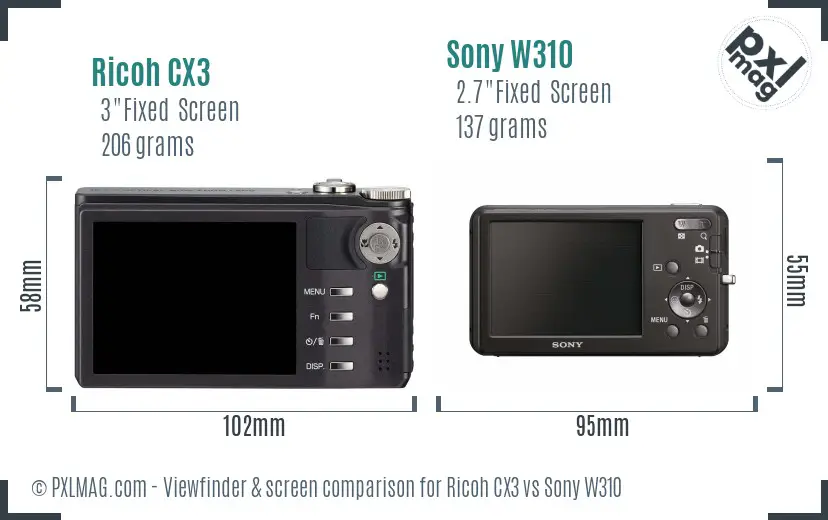 Ricoh CX3 vs Sony W310 Screen and Viewfinder comparison