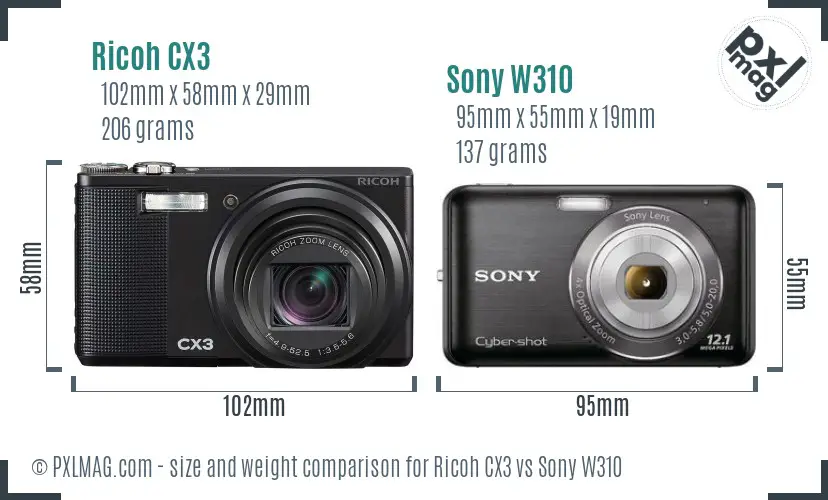 Ricoh CX3 vs Sony W310 size comparison