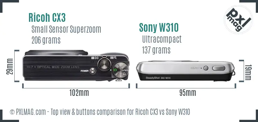 Ricoh CX3 vs Sony W310 top view buttons comparison