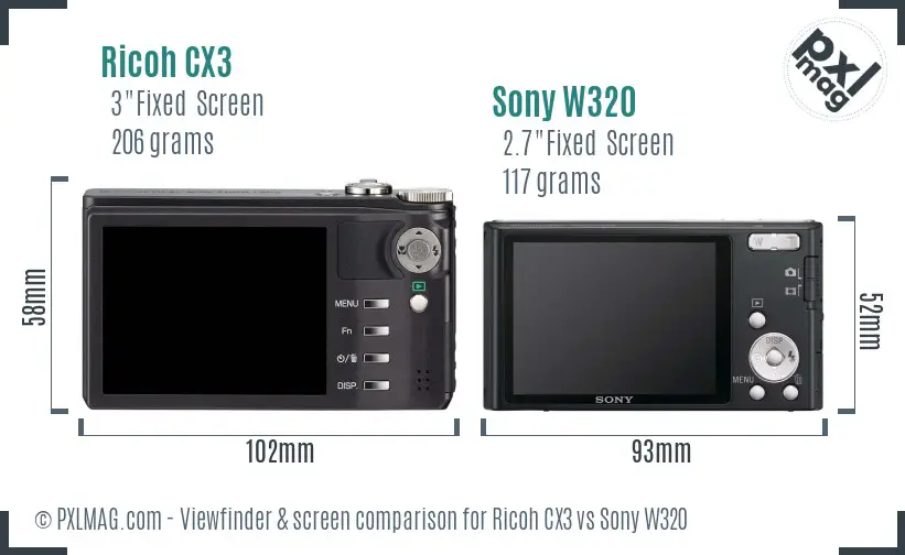 Ricoh CX3 vs Sony W320 Screen and Viewfinder comparison