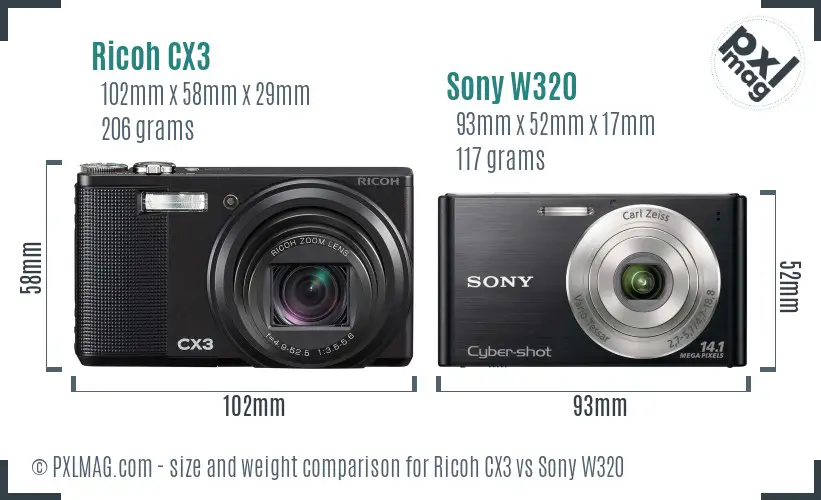 Ricoh CX3 vs Sony W320 size comparison