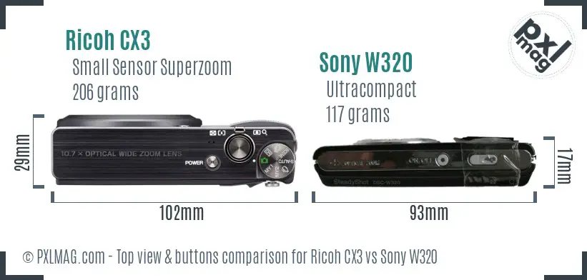 Ricoh CX3 vs Sony W320 top view buttons comparison