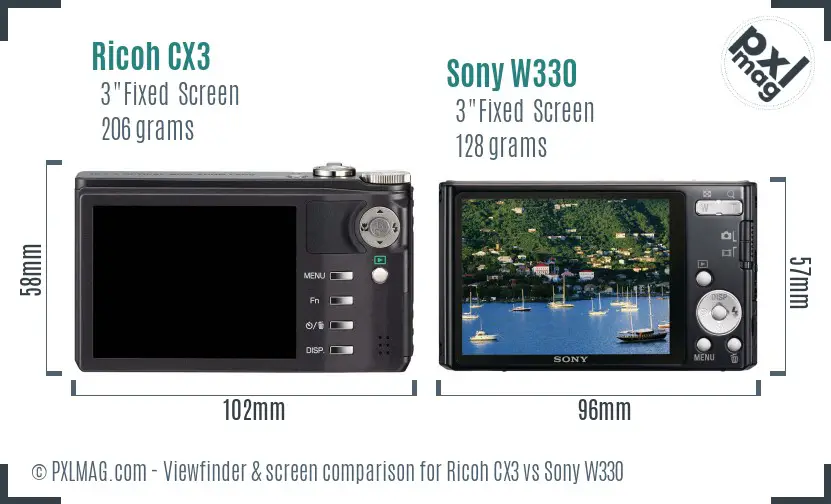 Ricoh CX3 vs Sony W330 Screen and Viewfinder comparison