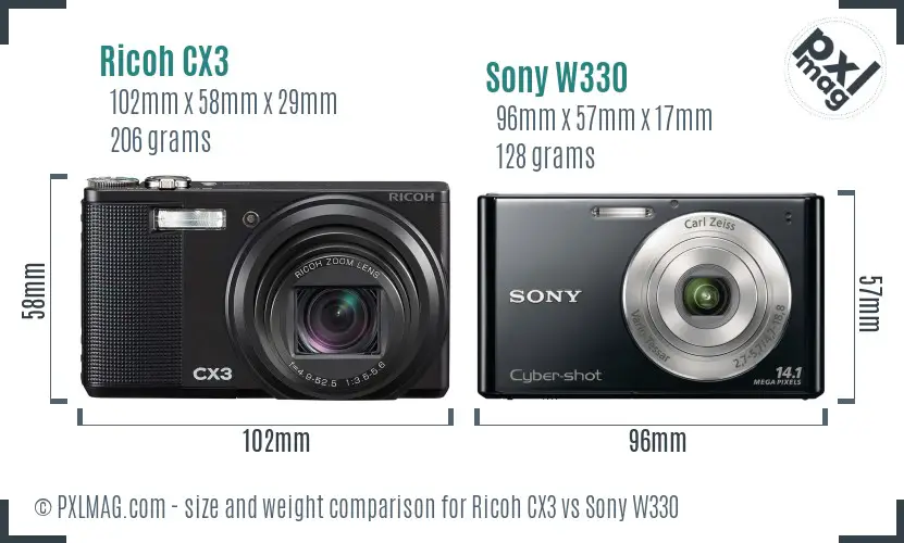 Ricoh CX3 vs Sony W330 size comparison