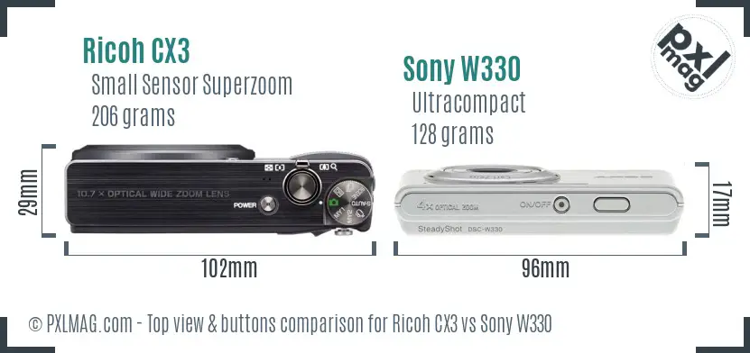 Ricoh CX3 vs Sony W330 top view buttons comparison