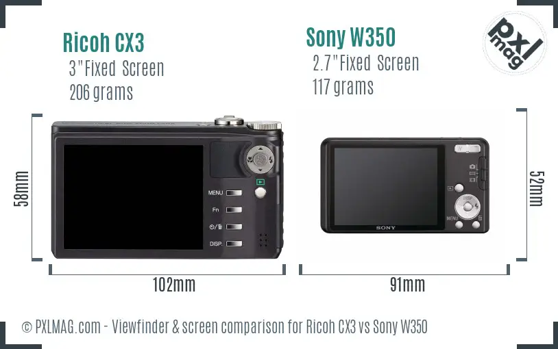 Ricoh CX3 vs Sony W350 Screen and Viewfinder comparison