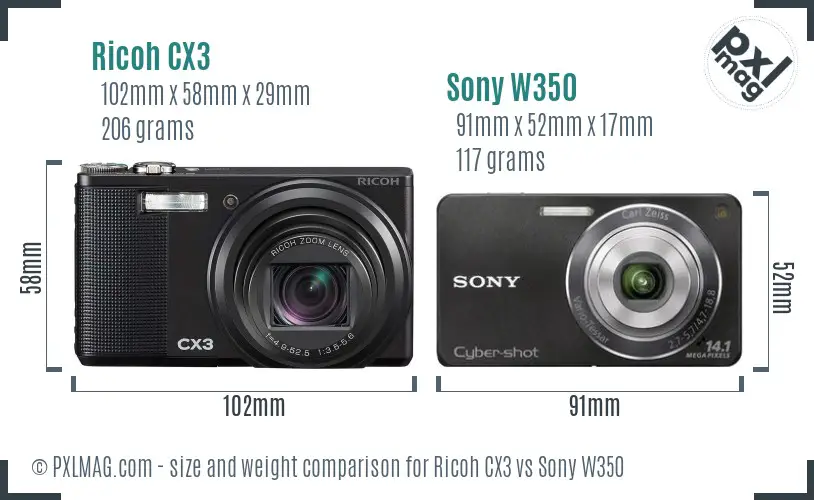 Ricoh CX3 vs Sony W350 size comparison