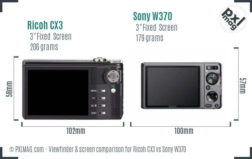 Ricoh CX3 vs Sony W370 Screen and Viewfinder comparison