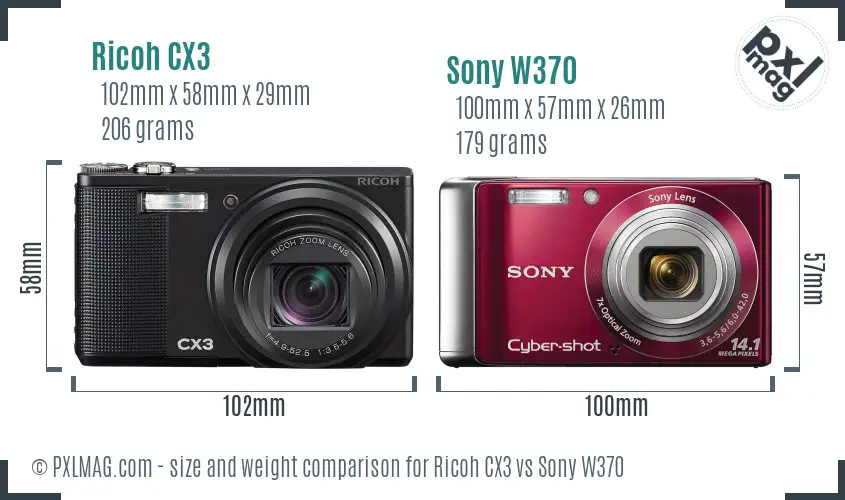 Ricoh CX3 vs Sony W370 size comparison