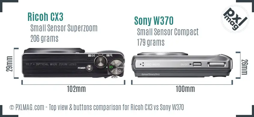 Ricoh CX3 vs Sony W370 top view buttons comparison