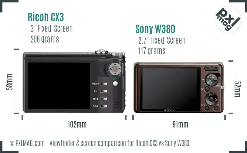Ricoh CX3 vs Sony W380 Screen and Viewfinder comparison