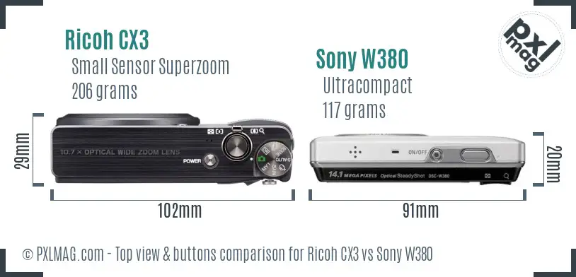 Ricoh CX3 vs Sony W380 top view buttons comparison