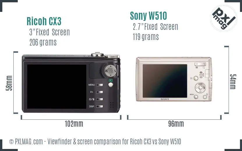 Ricoh CX3 vs Sony W510 Screen and Viewfinder comparison
