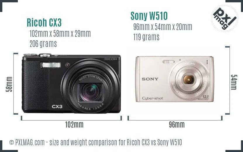 Ricoh CX3 vs Sony W510 size comparison
