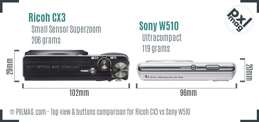Ricoh CX3 vs Sony W510 top view buttons comparison