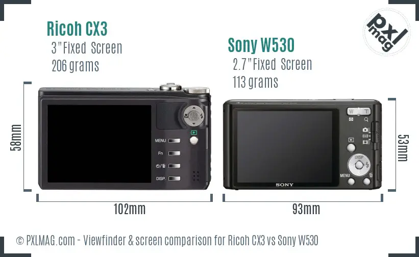 Ricoh CX3 vs Sony W530 Screen and Viewfinder comparison