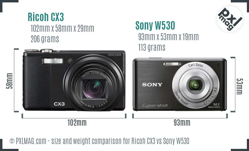 Ricoh CX3 vs Sony W530 size comparison