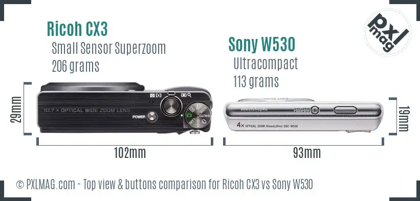 Ricoh CX3 vs Sony W530 top view buttons comparison