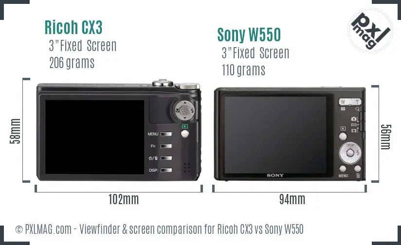 Ricoh CX3 vs Sony W550 Screen and Viewfinder comparison
