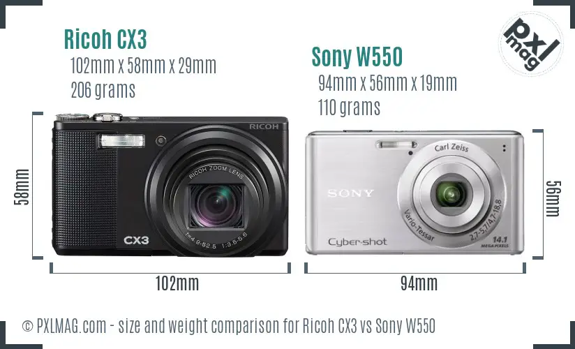 Ricoh CX3 vs Sony W550 size comparison