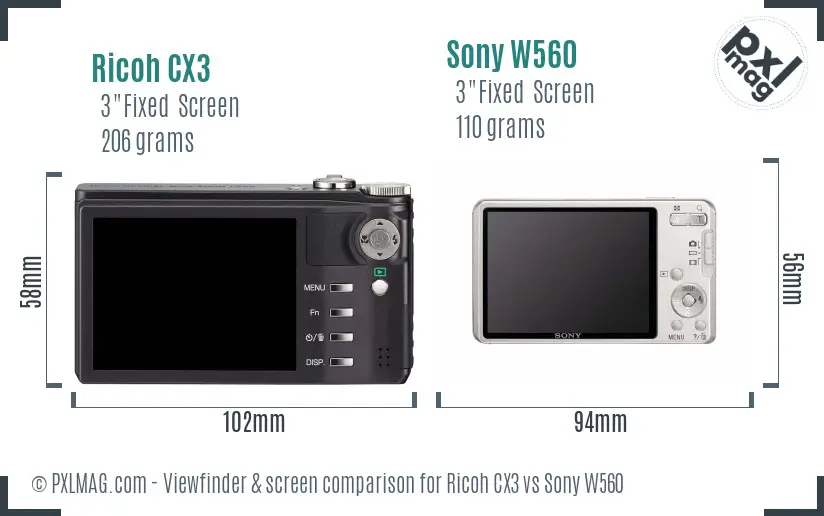 Ricoh CX3 vs Sony W560 Screen and Viewfinder comparison