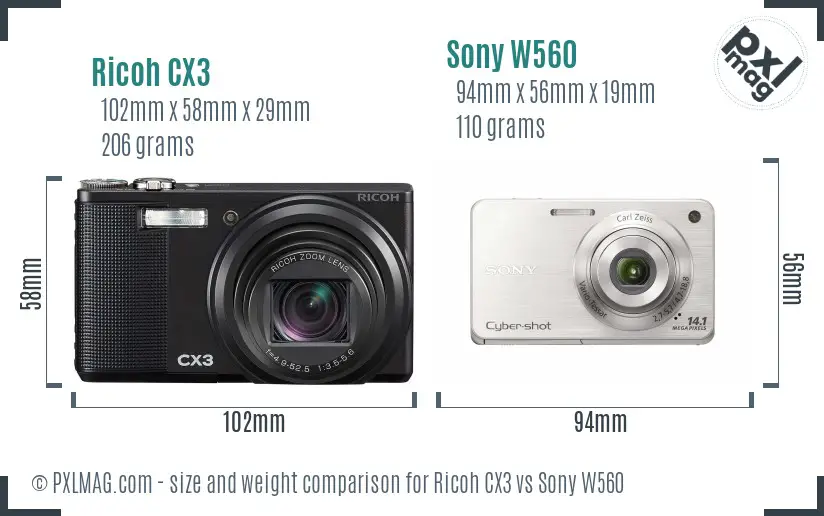 Ricoh CX3 vs Sony W560 size comparison
