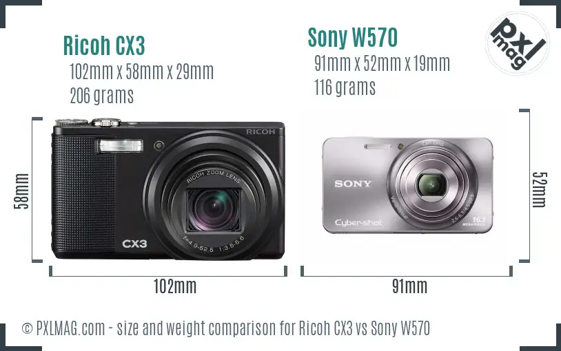 Ricoh CX3 vs Sony W570 size comparison