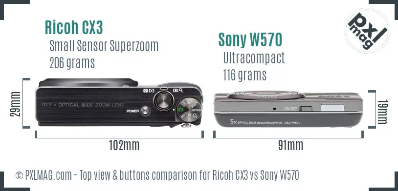 Ricoh CX3 vs Sony W570 top view buttons comparison