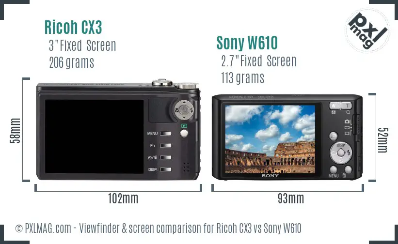 Ricoh CX3 vs Sony W610 Screen and Viewfinder comparison