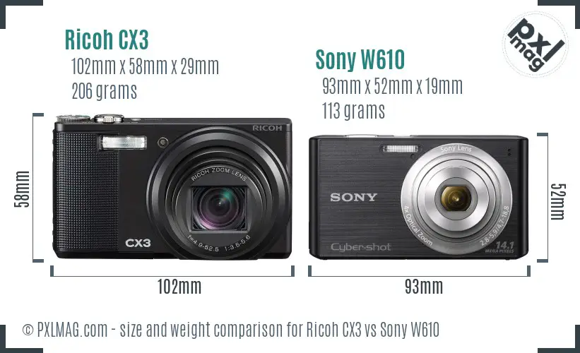 Ricoh CX3 vs Sony W610 size comparison