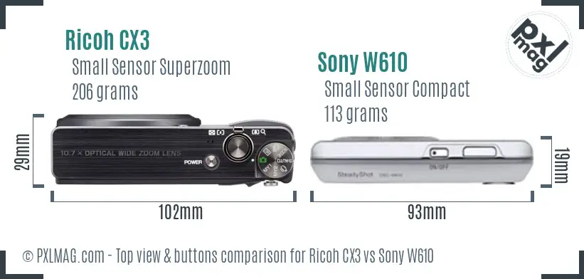 Ricoh CX3 vs Sony W610 top view buttons comparison