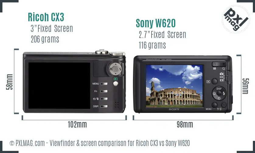 Ricoh CX3 vs Sony W620 Screen and Viewfinder comparison