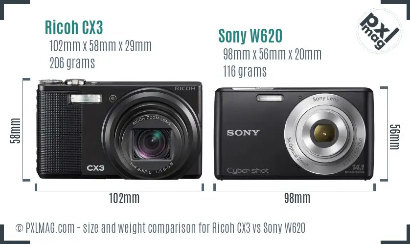 Ricoh CX3 vs Sony W620 size comparison