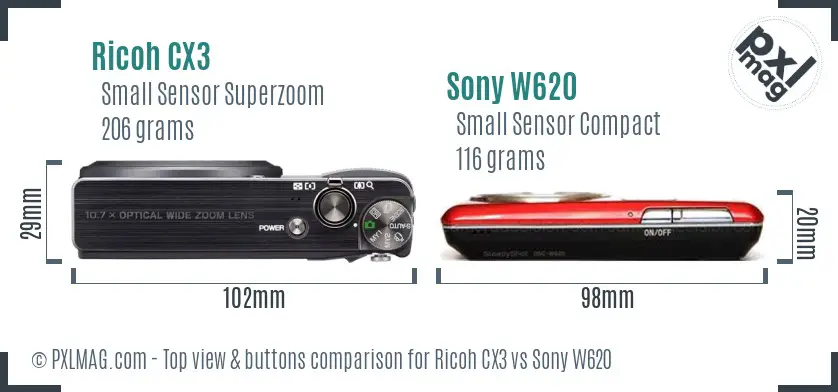 Ricoh CX3 vs Sony W620 top view buttons comparison