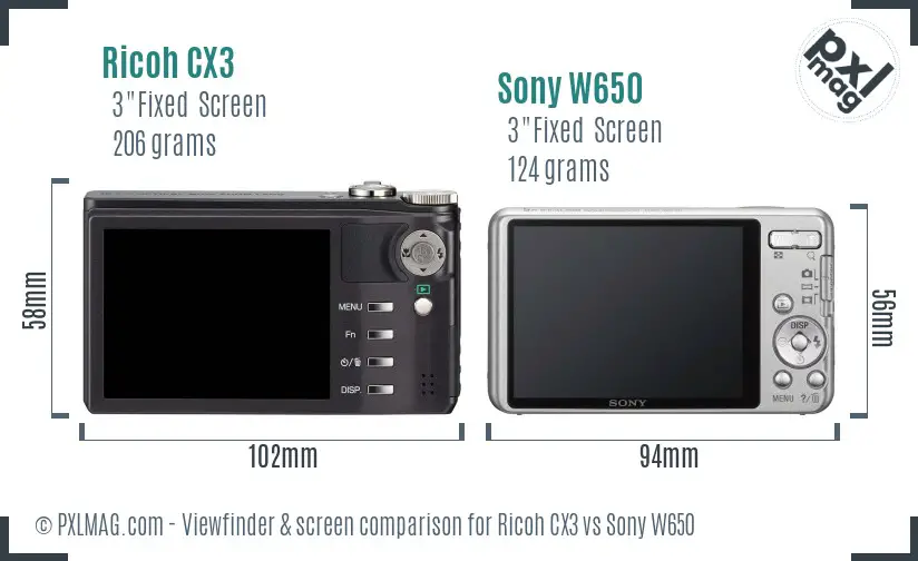 Ricoh CX3 vs Sony W650 Screen and Viewfinder comparison