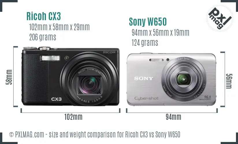 Ricoh CX3 vs Sony W650 size comparison