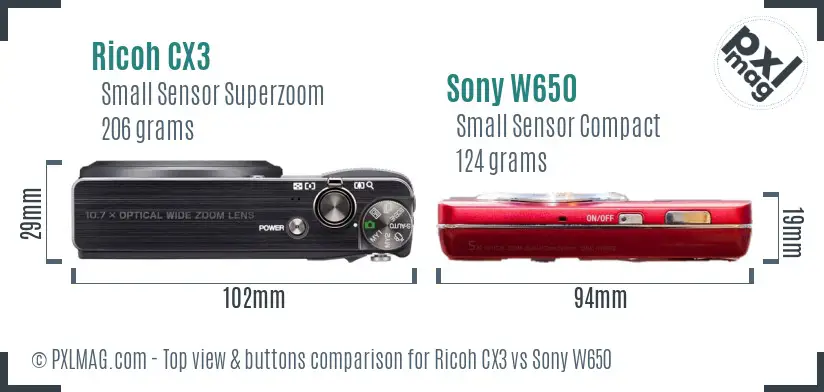 Ricoh CX3 vs Sony W650 top view buttons comparison
