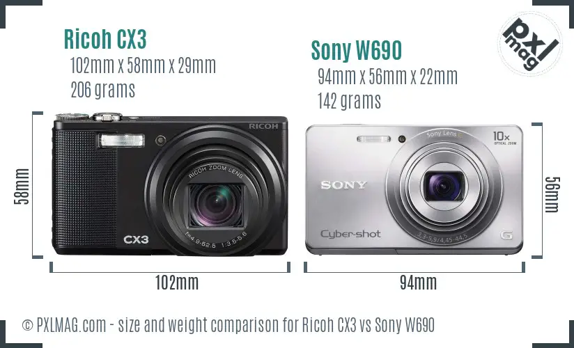 Ricoh CX3 vs Sony W690 size comparison