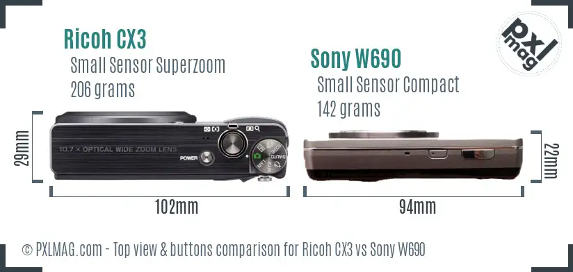 Ricoh CX3 vs Sony W690 top view buttons comparison