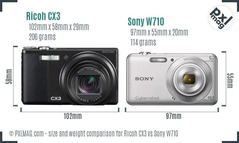 Ricoh CX3 vs Sony W710 size comparison