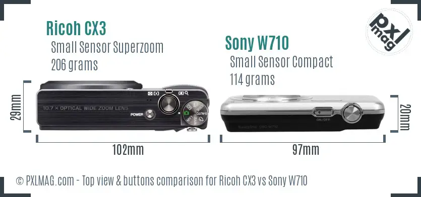 Ricoh CX3 vs Sony W710 top view buttons comparison
