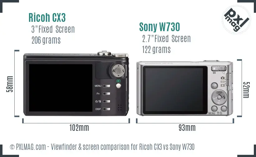 Ricoh CX3 vs Sony W730 Screen and Viewfinder comparison