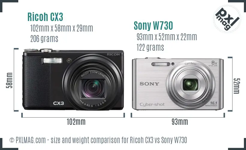 Ricoh CX3 vs Sony W730 size comparison
