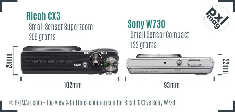 Ricoh CX3 vs Sony W730 top view buttons comparison