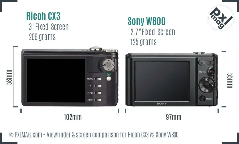 Ricoh CX3 vs Sony W800 Screen and Viewfinder comparison