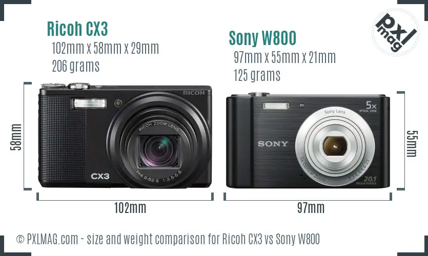 Ricoh CX3 vs Sony W800 size comparison