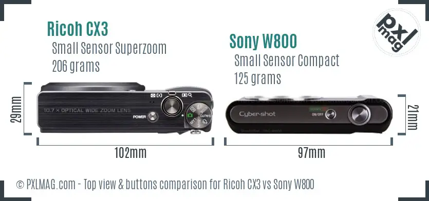 Ricoh CX3 vs Sony W800 top view buttons comparison