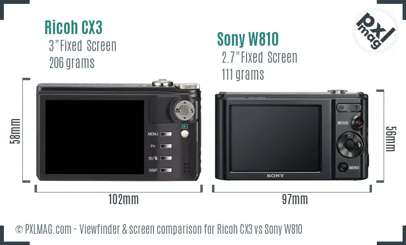 Ricoh CX3 vs Sony W810 Screen and Viewfinder comparison