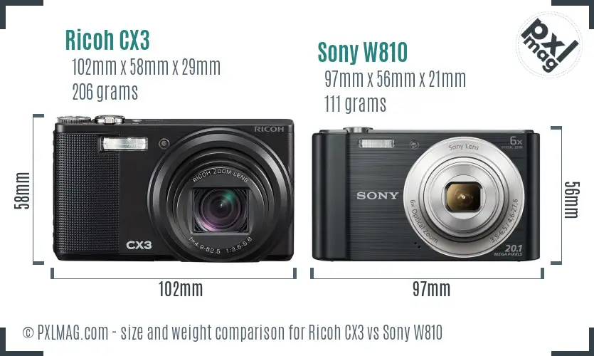 Ricoh CX3 vs Sony W810 size comparison